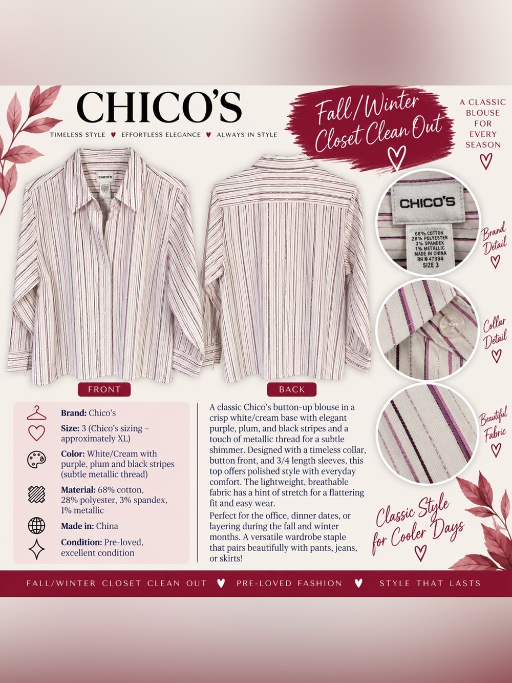 Chico's Cream Button-Up Blouse with Purple Stripes